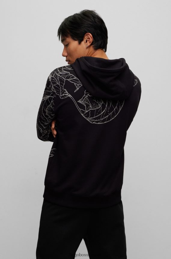 4TFNJN2369 أسود Hugo Boss هودي بشعار قطن تيري مع طباعة مستوحاة من الوشم باللون الأسود