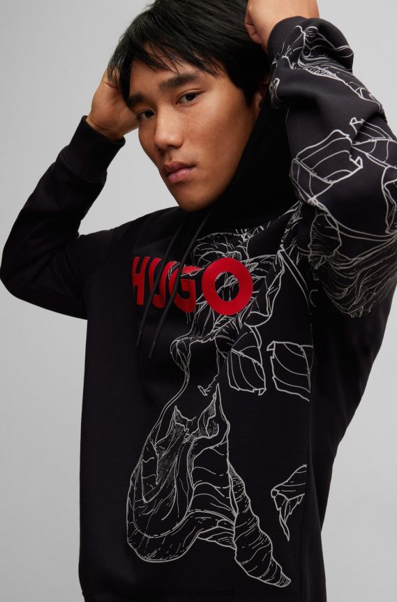 4TFNJN2369 أسود Hugo Boss هودي بشعار قطن تيري مع طباعة مستوحاة من الوشم باللون الأسود