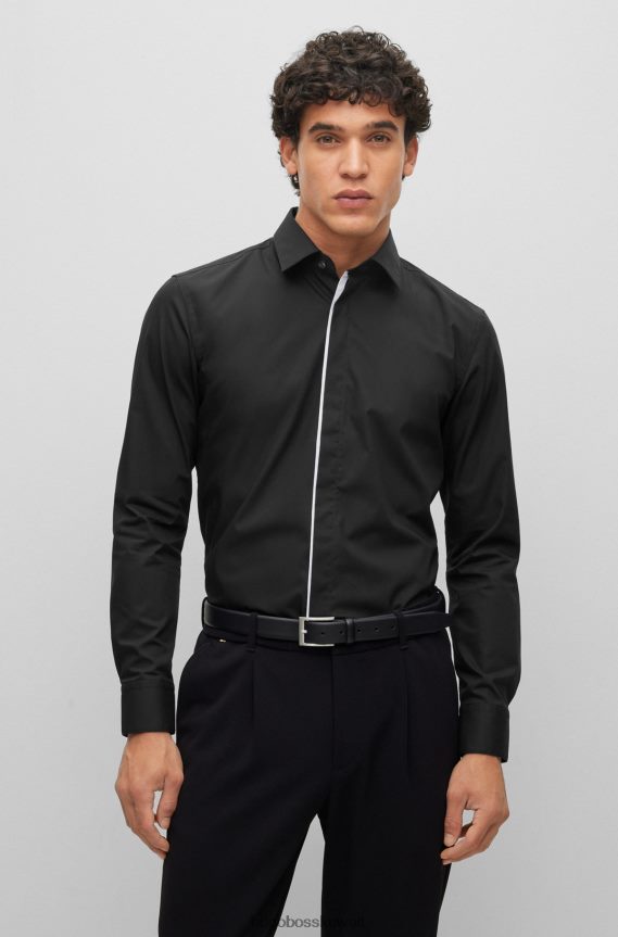 4TFNJN2371 أسود Hugo Boss قميص بقصة ضيقة مصنوع من قماش البوبلين القطني المطاطي سهل الكي باللون الأسود