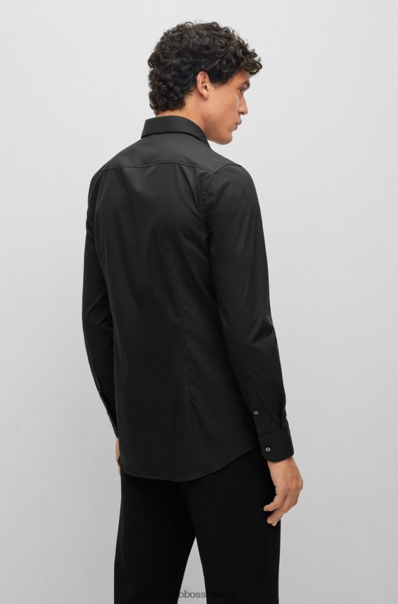 4TFNJN2371 أسود Hugo Boss قميص بقصة ضيقة مصنوع من قماش البوبلين القطني المطاطي سهل الكي باللون الأسود