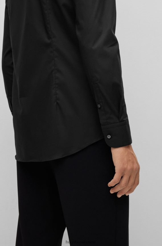 4TFNJN2371 أسود Hugo Boss قميص بقصة ضيقة مصنوع من قماش البوبلين القطني المطاطي سهل الكي باللون الأسود