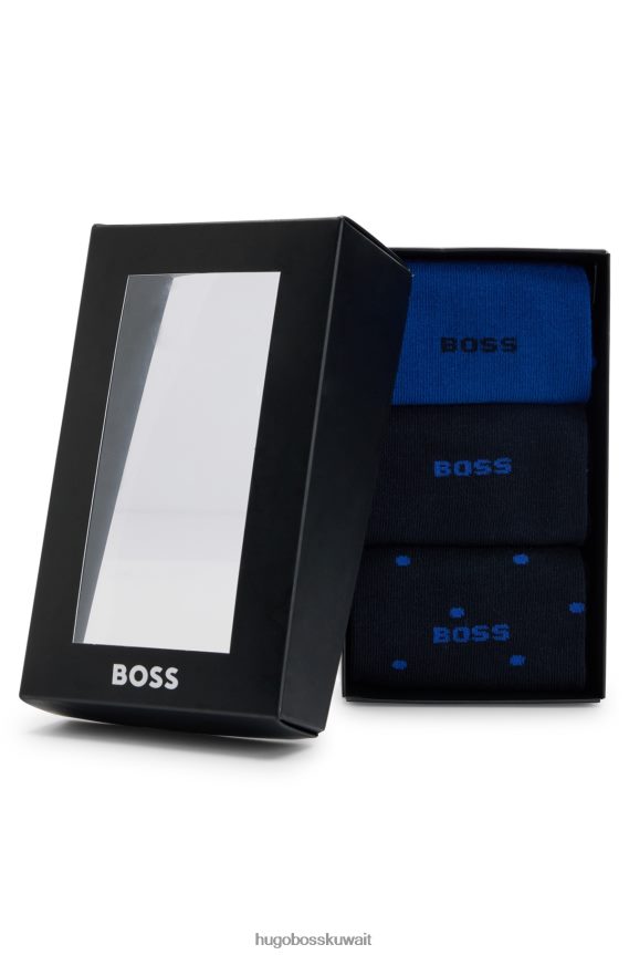 4TFNJN2379 أزرق غامق Hugo Boss Hugo مجموعة من ثلاثة جوارب ذات طول عادي باللون الأزرق الداكن مصنوعة من مزيج القطن