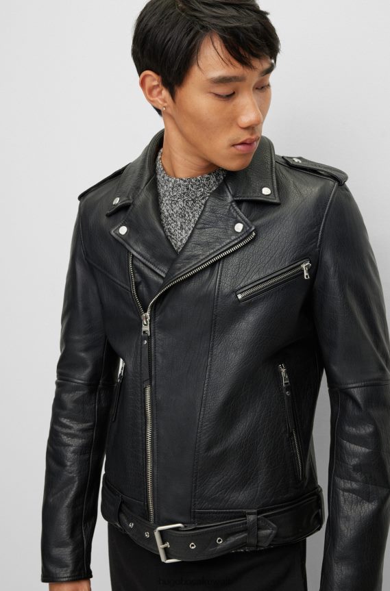 4TFNJN2396 أسود Hugo Boss سترة سوداء من جلد الجاموس مع بطانة متباينة وزخارف تحمل علامة هوغو