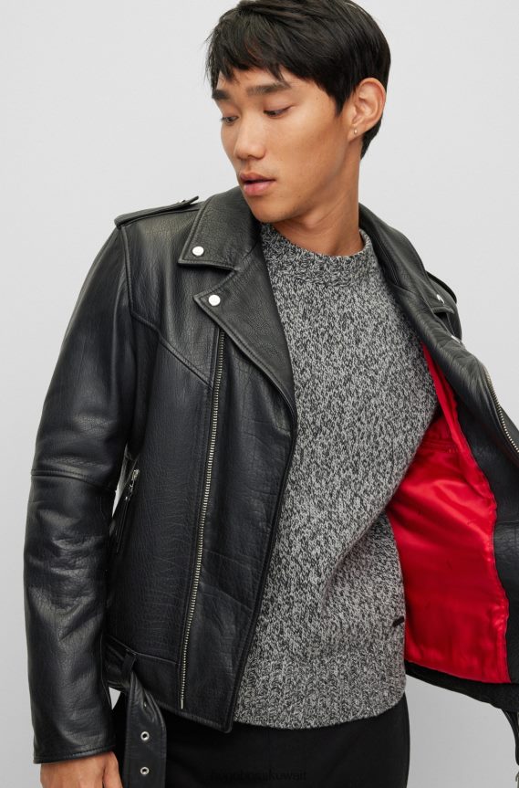 4TFNJN2396 أسود Hugo Boss سترة سوداء من جلد الجاموس مع بطانة متباينة وزخارف تحمل علامة هوغو