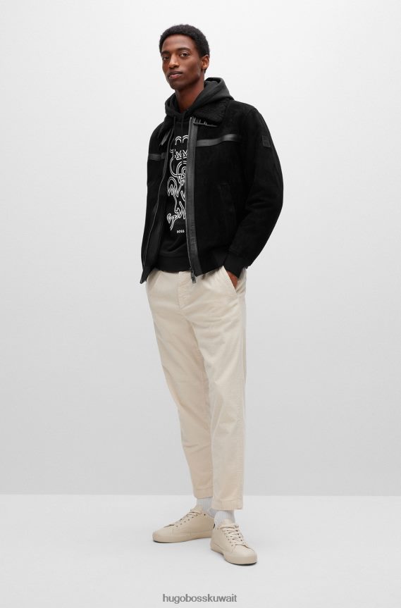 4TFNJN2403 أسود Hugo Boss سترة بومبر من جلد الغزال مع ياقة شيرلنغ قابلة للفصل باللون الأسود