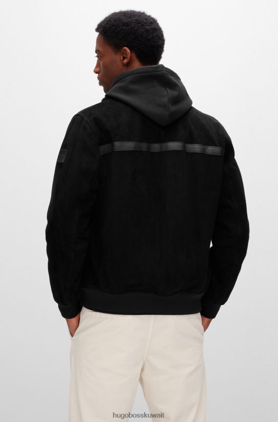 4TFNJN2403 أسود Hugo Boss سترة بومبر من جلد الغزال مع ياقة شيرلنغ قابلة للفصل باللون الأسود