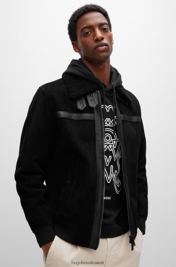 4TFNJN2403 أسود Hugo Boss سترة بومبر من جلد الغزال مع ياقة شيرلنغ قابلة للفصل باللون الأسود