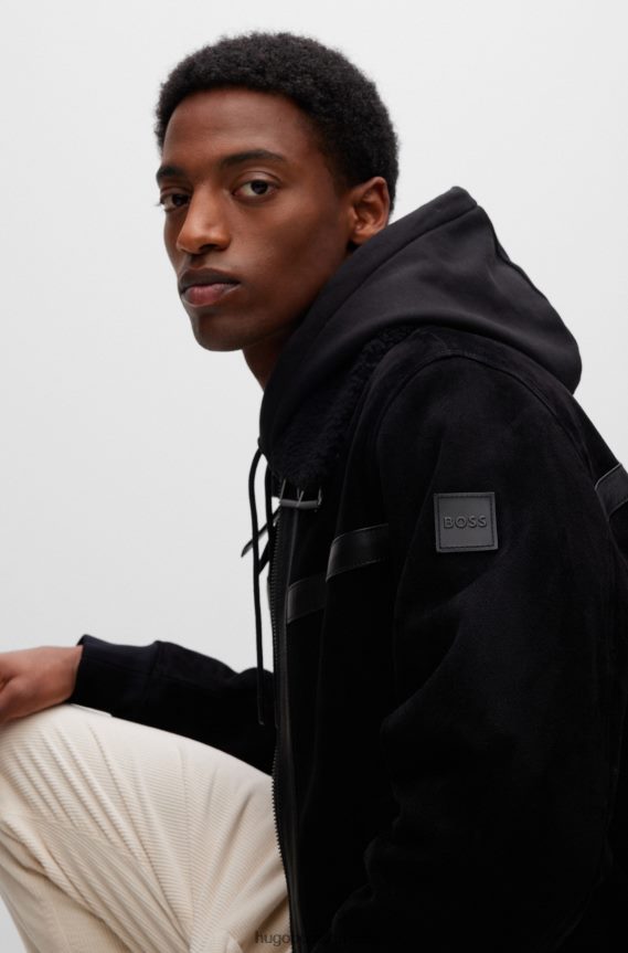 4TFNJN2403 أسود Hugo Boss سترة بومبر من جلد الغزال مع ياقة شيرلنغ قابلة للفصل باللون الأسود