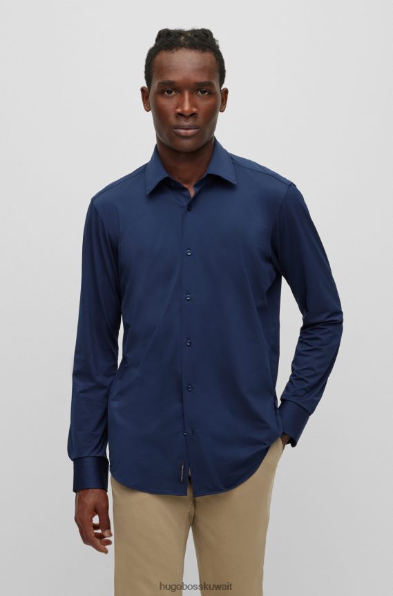 4TFNJN2437 أزرق غامق Hugo Boss قميص بقصة عادية مصنوع من الجيرسيه المطاطي ذو الهيكل الدقيق باللون الأزرق الداكن