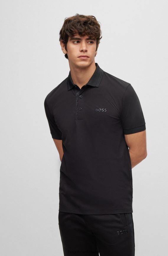 4TFNJN2440 أسود Hugo Boss قميص بولو هوغو أسود من قطن بيكيه المرن مع شريط شعار