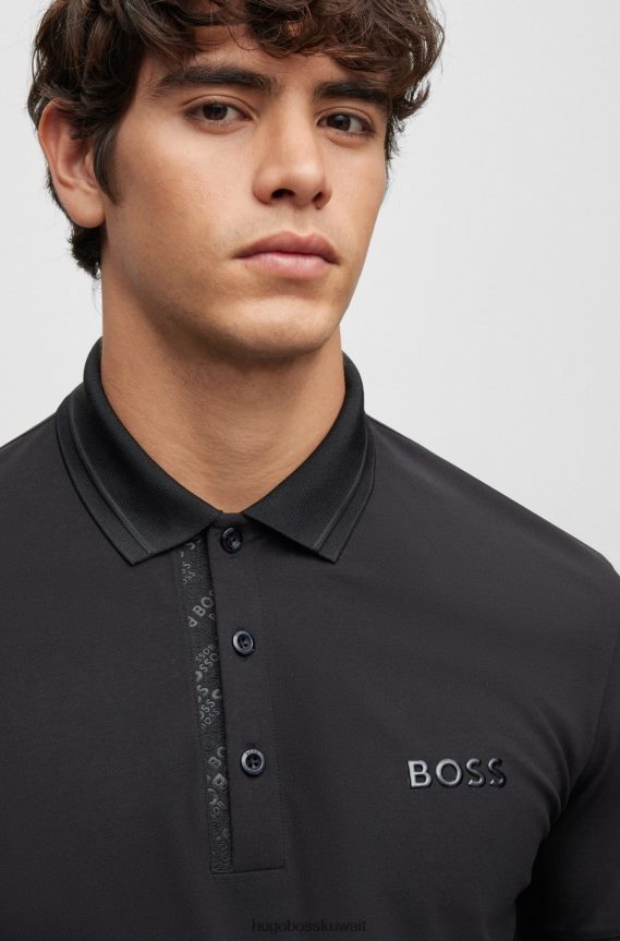 4TFNJN2440 أسود Hugo Boss قميص بولو هوغو أسود من قطن بيكيه المرن مع شريط شعار