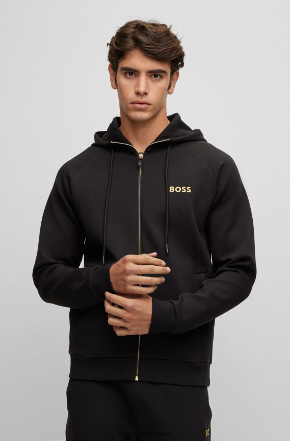 4TFNJN2445 أسود Hugo Boss هودي بسحاب من مزيج القطن مع شعار متباين باللون الأسود