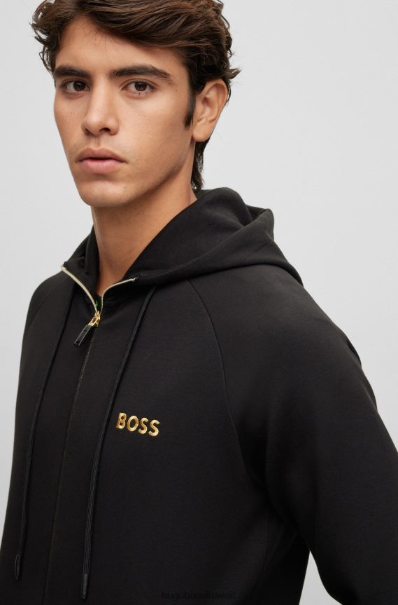 4TFNJN2445 أسود Hugo Boss هودي بسحاب من مزيج القطن مع شعار متباين باللون الأسود