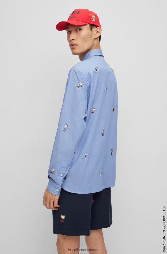 4TFNJN2446 أزرق Hugo Boss x قميص Peanuts ذو المقاس العادي من القطن مع عمل فني مطرز حصريًا