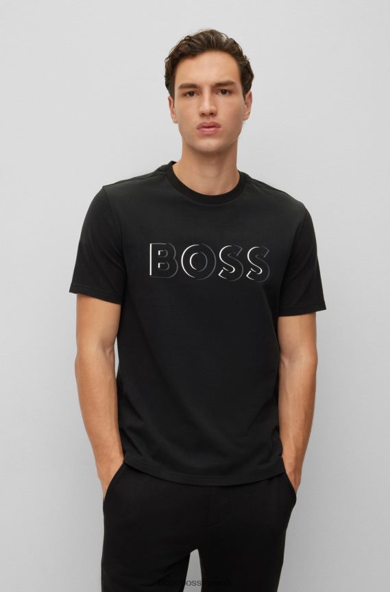 4TFNJN2447 أسود Hugo Boss تيشيرت هوغو من الجيرسي القطني المصقول باللون الأسود مع طباعة شعار ديناميكية