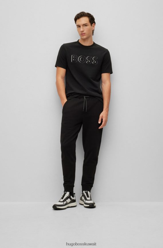 4TFNJN2447 أسود Hugo Boss تيشيرت هوغو من الجيرسي القطني المصقول باللون الأسود مع طباعة شعار ديناميكية