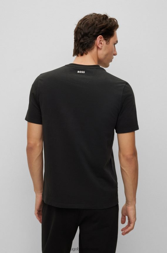 4TFNJN2447 أسود Hugo Boss تيشيرت هوغو من الجيرسي القطني المصقول باللون الأسود مع طباعة شعار ديناميكية
