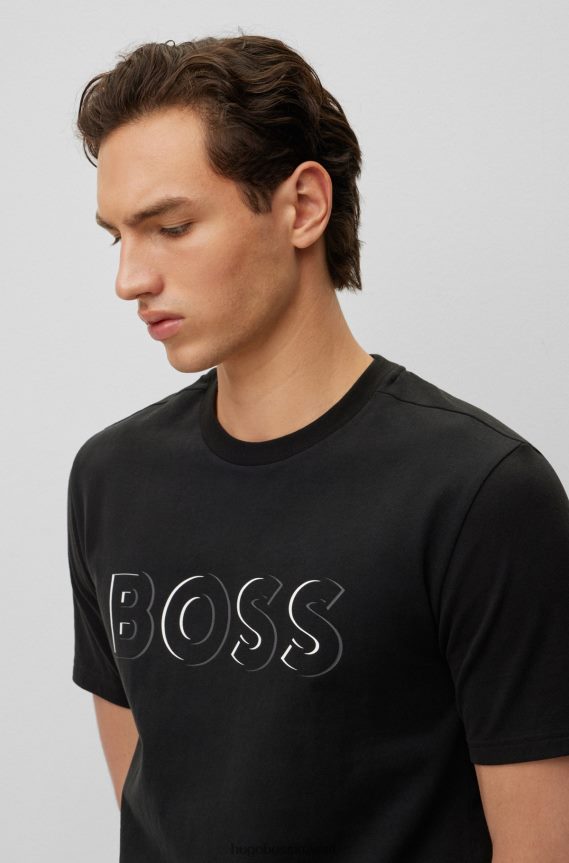 4TFNJN2447 أسود Hugo Boss تيشيرت هوغو من الجيرسي القطني المصقول باللون الأسود مع طباعة شعار ديناميكية