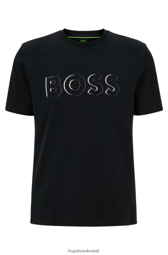 4TFNJN2447 أسود Hugo Boss تيشيرت هوغو من الجيرسي القطني المصقول باللون الأسود مع طباعة شعار ديناميكية