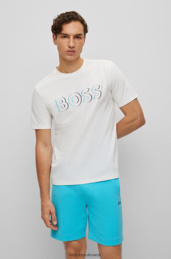 4TFNJN2449 أبيض Hugo Boss تيشيرت هوغو من الجيرسي القطني المصقول مع طباعة شعار ديناميكي باللون الأبيض