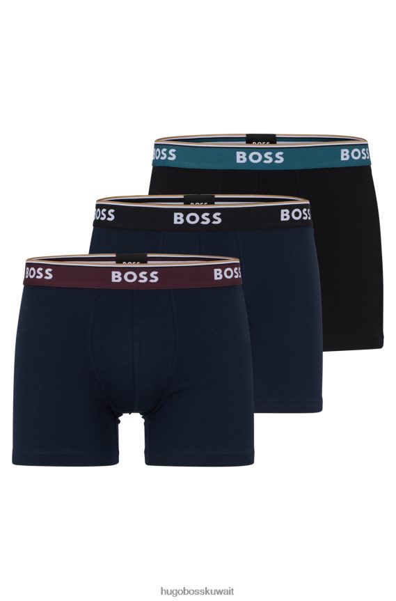 4TFNJN2458 أسود/أزرق Hugo Boss حزمة من ثلاثة سراويل داخلية من القطن المطاطي تحمل شعار Hugo باللون الأسود
