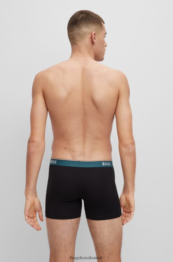 4TFNJN2458 أسود/أزرق Hugo Boss حزمة من ثلاثة سراويل داخلية من القطن المطاطي تحمل شعار Hugo باللون الأسود