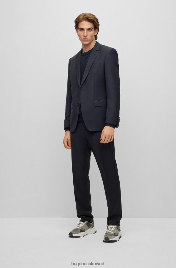 4TFNJN2460 أزرق غامق Hugo Boss سترة هوغو برقبة دائرية باللون الأزرق الداكن من القطن المنظم مع تفاصيل مخططة