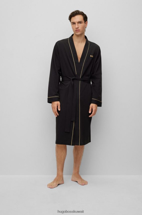 4TFNJN2476 أسود Hugo Boss رداء حمام من الجيرسي القطني الأسود مع أشرطة وشعار هوغو