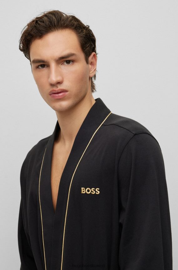 4TFNJN2476 أسود Hugo Boss رداء حمام من الجيرسي القطني الأسود مع أشرطة وشعار هوغو