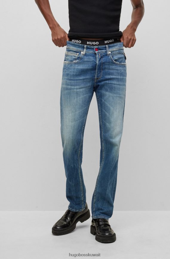 4TFNJN2479 أزرق Hugo Boss هوغو | Replay بنطال جينز بقصة مستقيمة من قماش الدنيم المطاطي باللون الأزرق المتوسط