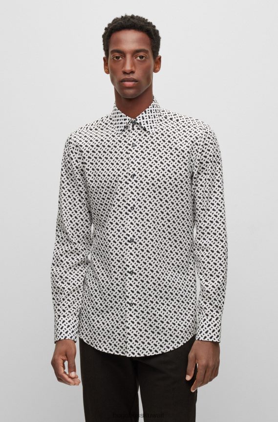 4TFNJN2482 أبيض Hugo Boss قميص Hugo ذو قصة ضيقة من القماش بطبعة المونوغرام باللون الأبيض