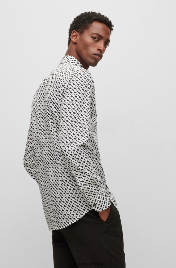 4TFNJN2482 أبيض Hugo Boss قميص Hugo ذو قصة ضيقة من القماش بطبعة المونوغرام باللون الأبيض