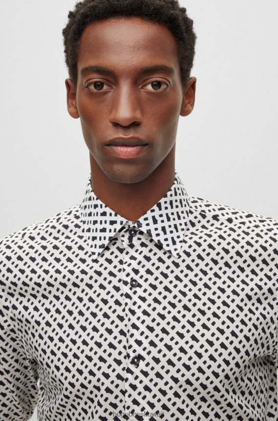 4TFNJN2482 أبيض Hugo Boss قميص Hugo ذو قصة ضيقة من القماش بطبعة المونوغرام باللون الأبيض