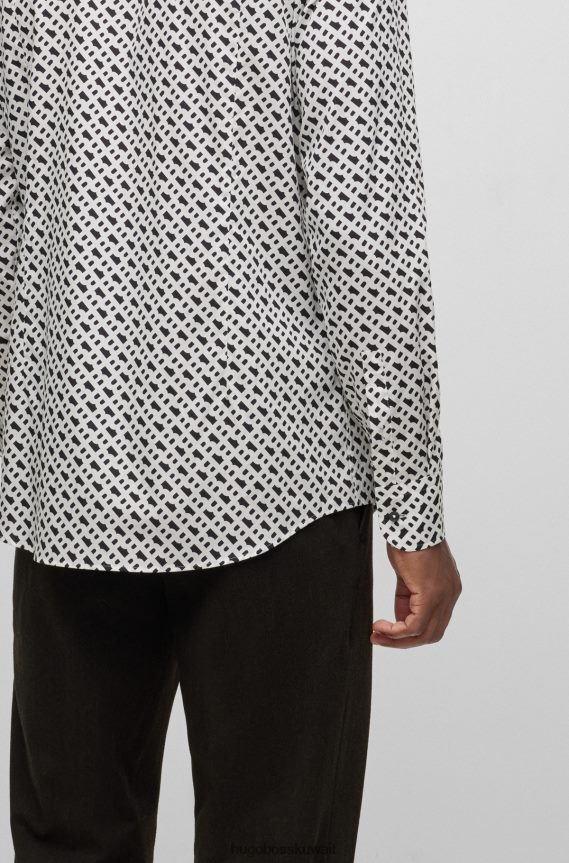 4TFNJN2482 أبيض Hugo Boss قميص Hugo ذو قصة ضيقة من القماش بطبعة المونوغرام باللون الأبيض