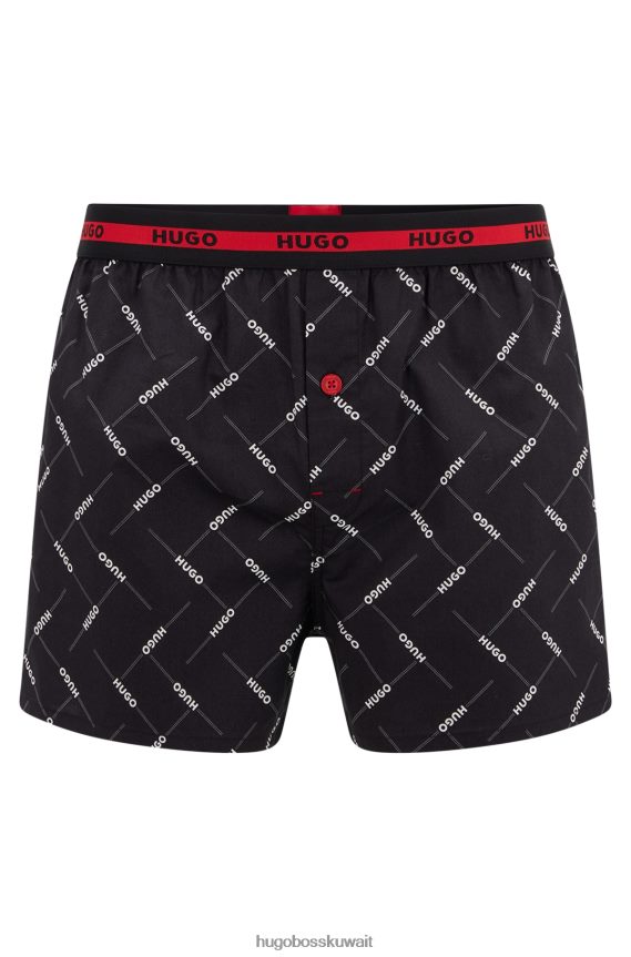 4TFNJN2491 أسود Hugo Boss حزمة من قطعتين من شورتات الملاكم القطنية مع حزام خصر يحمل شعار Hugo باللون الأسود