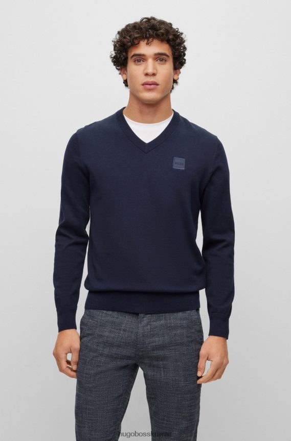 4TFNJN2502 أزرق غامق Hugo Boss سترة من القطن والكشمير باللون الأزرق الداكن بقصة عادية مع رقعة شعار هوغو