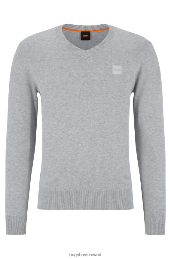 4TFNJN2503 رمادي فاتح Hugo Boss سترة من القطن والكشمير بقصة عادية مع رقعة شعار هوغو باللون الرمادي الفاتح