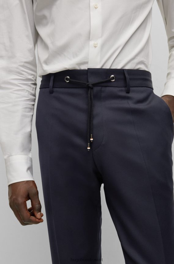 4TFNJN2512 أزرق غامق Hugo Boss بنطلون هوغو برباط من الصوف البكر باللون الأزرق الداكن