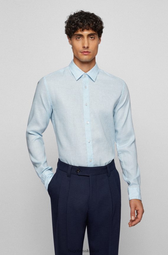 4TFNJN2524 أزرق فاتح Hugo Boss قميص Hugo ذو قصة ضيقة من الكتان المطاطي المغسول باللون الأزرق الفاتح