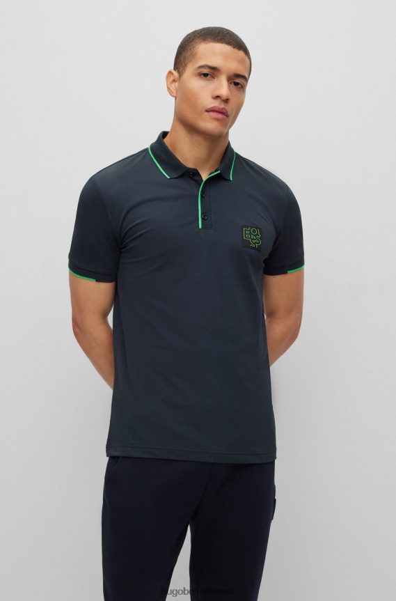 4TFNJN2532 أزرق غامق Hugo Boss قميص بولو بقصة ضيقة من مزيج القطن مع شعار مهزوز باللون الأزرق الداكن