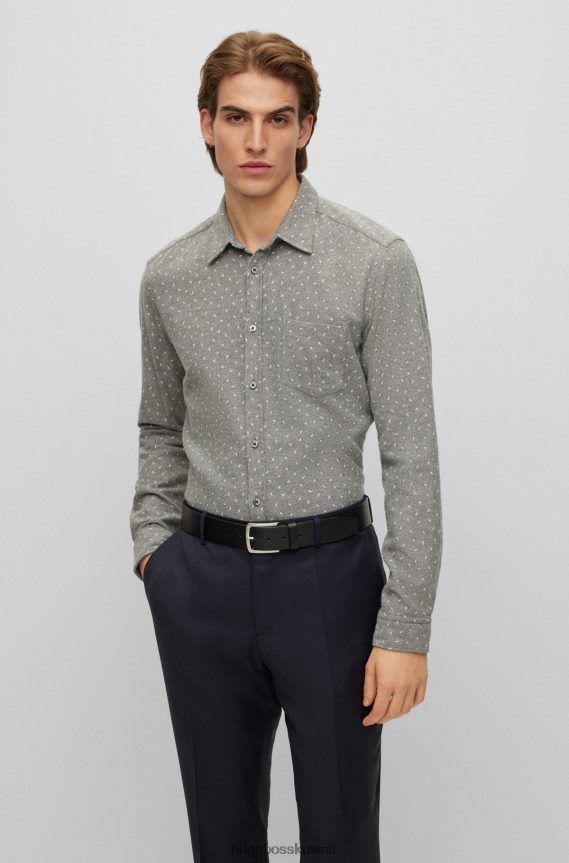 4TFNJN2542 رمادي Hugo Boss قميص منقوش بقصة عادية من قطن الفانيلا المصقول بلون رمادي هوغو