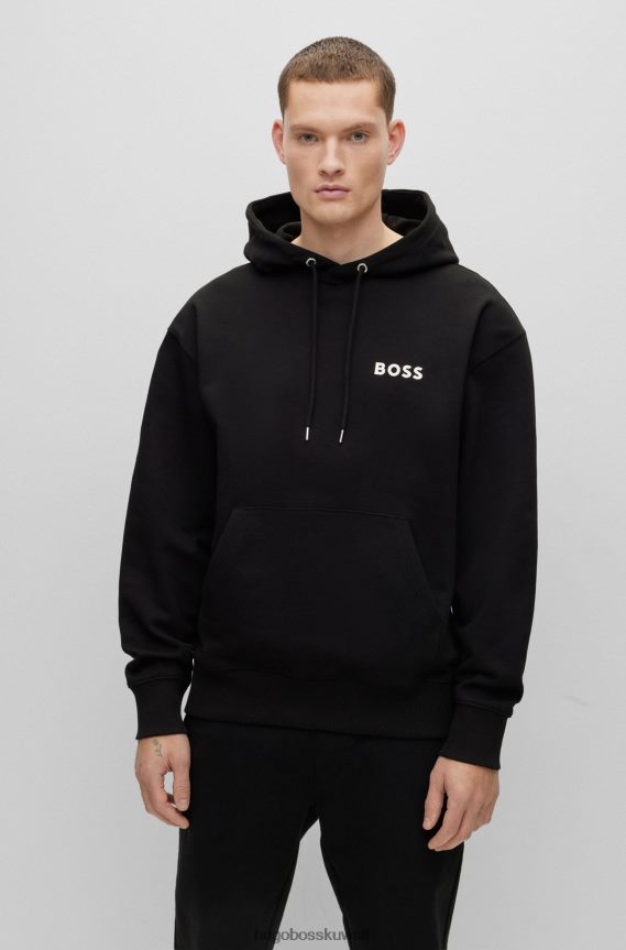 4TFNJN2543 أسود Hugo Boss سويت شيرت هوغو أسود بغطاء رأس من القطن العضوي مع شعار مطبوع بالمطاط