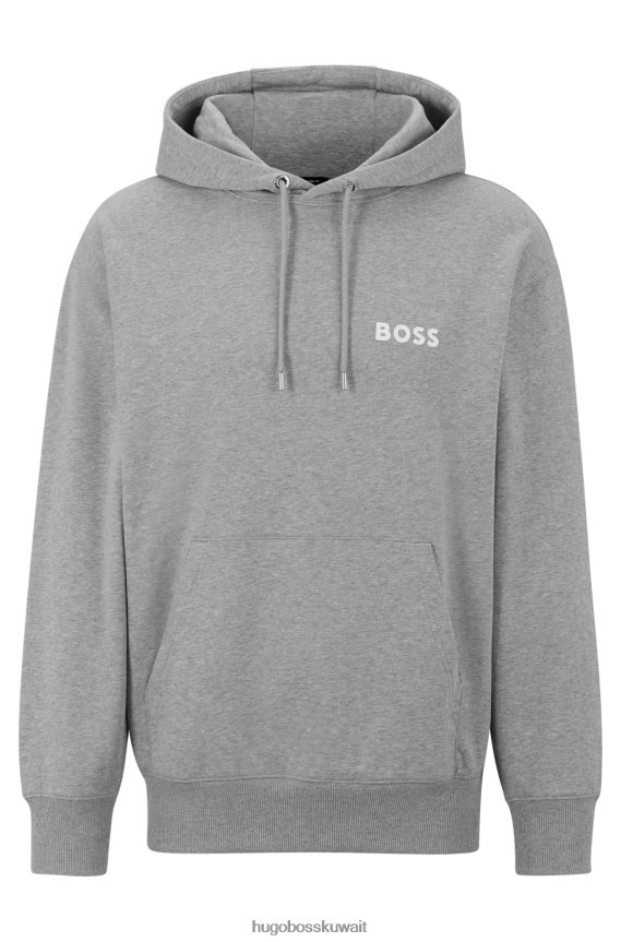 4TFNJN2547 رمادي فاتح Hugo Boss كنزة بغطاء رأس من القطن العضوي باللون الرمادي الفاتح مع شعار هوغو بطبعة مطاطية