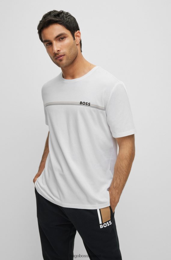 4TFNJN2548 أبيض Hugo Boss تي شيرت بيجامة من القطن المطاطي مع خطوط وشعار هوغو باللون الأبيض