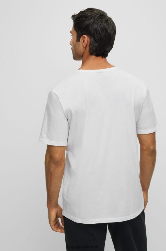 4TFNJN2548 أبيض Hugo Boss تي شيرت بيجامة من القطن المطاطي مع خطوط وشعار هوغو باللون الأبيض