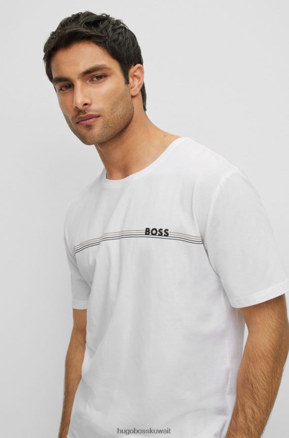 4TFNJN2548 أبيض Hugo Boss تي شيرت بيجامة من القطن المطاطي مع خطوط وشعار هوغو باللون الأبيض