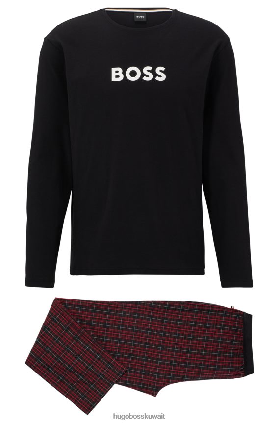 4TFNJN2550 أسود أحمر Hugo Boss بيجامة Hugo سوداء عادية مع شعارات متباينة