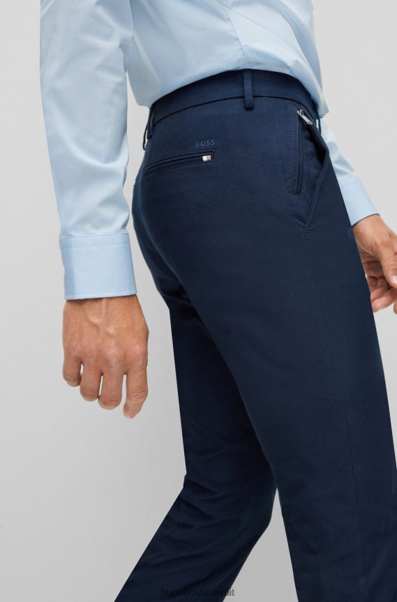 4TFNJN2555 أزرق غامق Hugo Boss بنطال هوغو بقصة ضيقة باللون الأزرق الداكن مع طيات أمامية من مزيج القطن