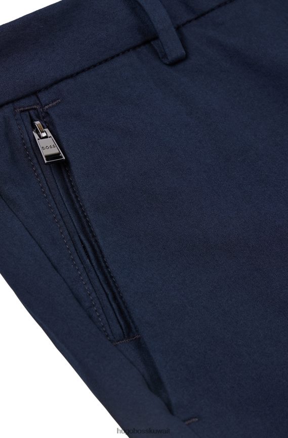 4TFNJN2555 أزرق غامق Hugo Boss بنطال هوغو بقصة ضيقة باللون الأزرق الداكن مع طيات أمامية من مزيج القطن