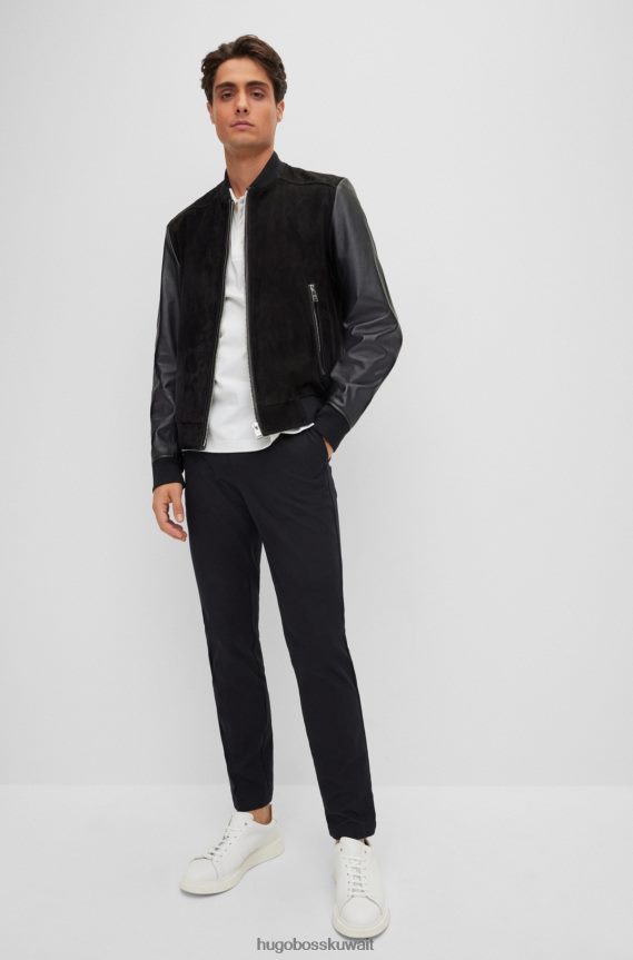 4TFNJN2557 أسود Hugo Boss بنطلون هوغو ذو قصة ضيقة مع طيات أمامية من مزيج القطن باللون الأسود